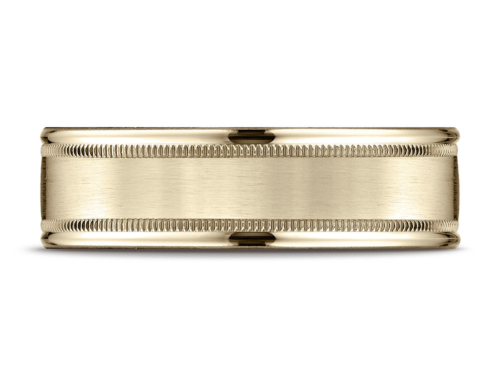 Benchmark® 14k Gold 7mm Comfort-fit Satin Finish Center With Milgrain Round Edge Carved Design Wedding Band Ring
