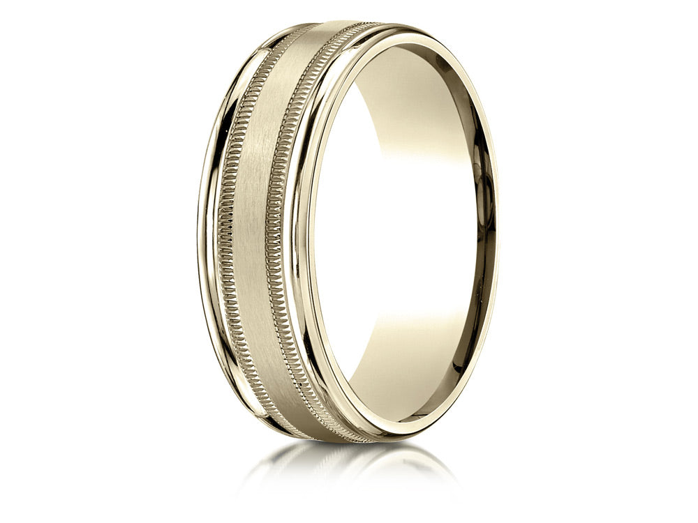 Benchmark® 18k Gold 7mm Comfort-fit Satin Finish Center With Milgrain Round Edge Carved Design Wedding Band Ring