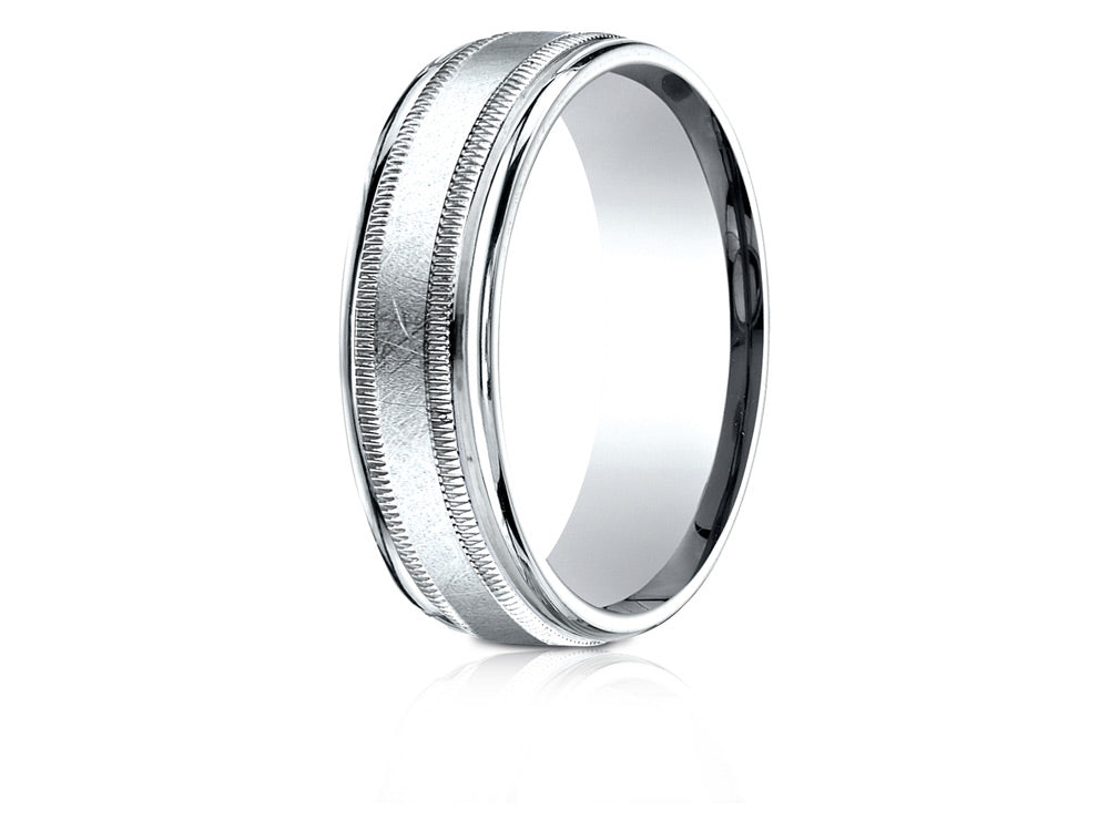 Benchmark® 14k Gold 7mm Comfort-fit Swirl Finish Center Milgrain Round Edge Carved Design Wedding Band Ring