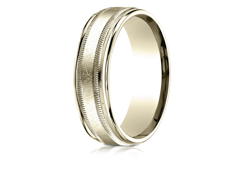 Benchmark® 10k Gold 7mm Comfort-fit Swirl Finish Center Milgrain Round Edge Carved Design Wedding Band Ring