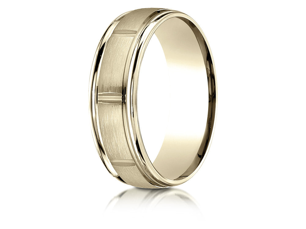 Benchmark 10k Gold 7mm Comfort-fit Satin 8 High Center Cuts Round Edge Design Wedding Band Ring
