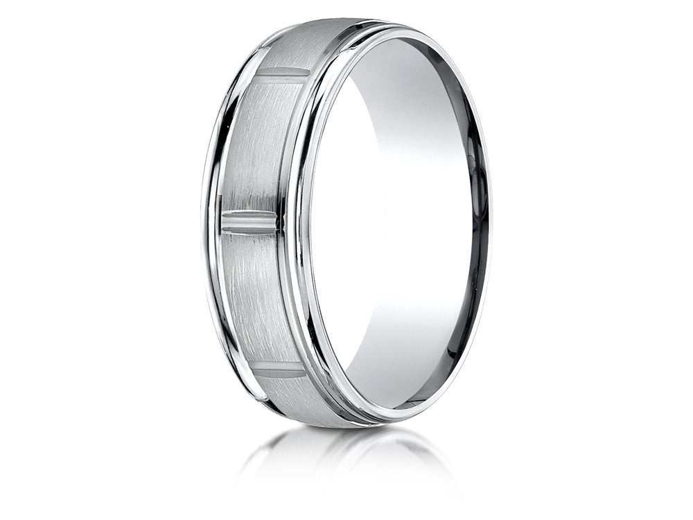 Benchmark® 14k Gold 7mm Comfort-fit Satin 8 High Center Cuts Round Edge Design Wedding Band Ring