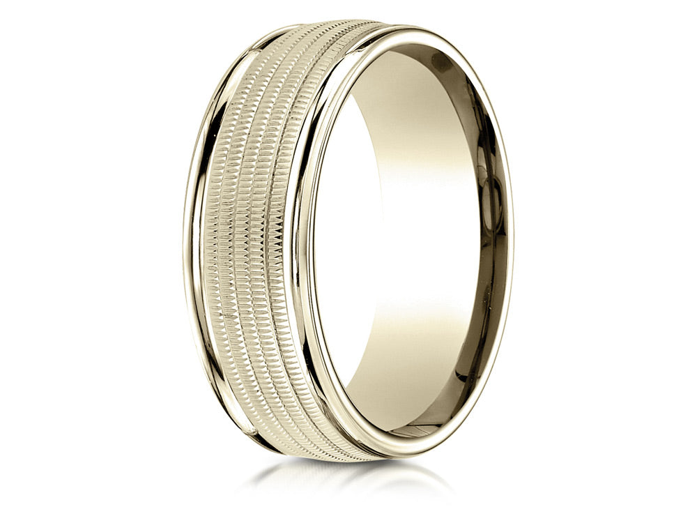 Benchmark 14k Gold 8mm Comfort-fit Multi Milgrain Center High Polish Round Edge Design Wedding Band Ring