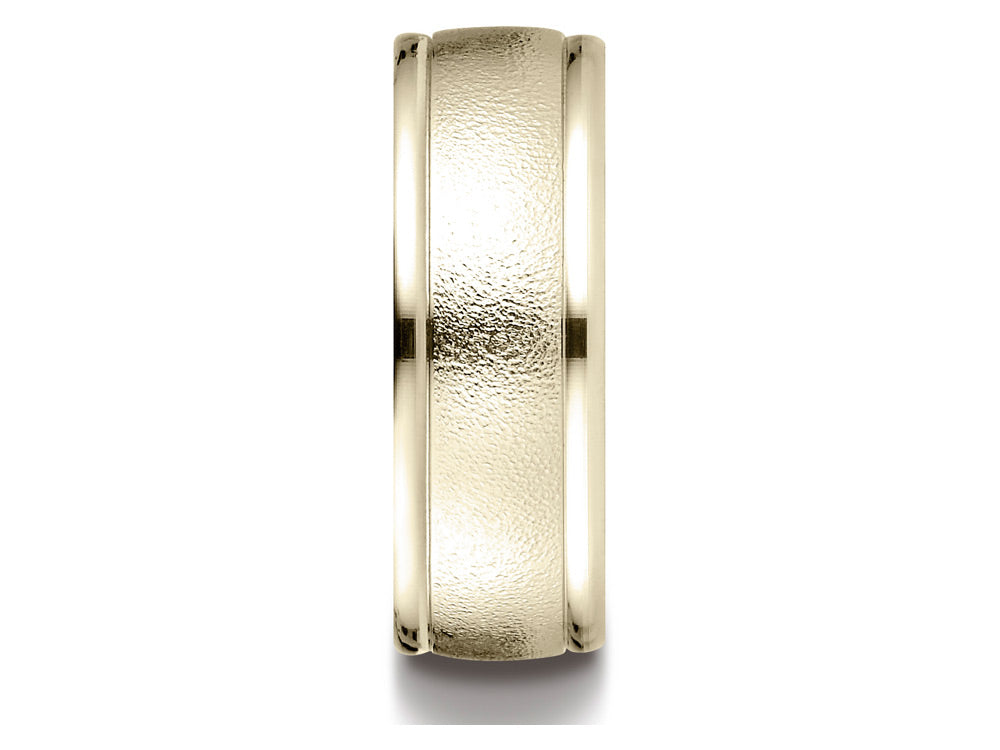 Benchmark 14k Gold 8mm Comfort-fit Wire Brush Finish High Polished Round Edge Carved Design Wedding Band Ring