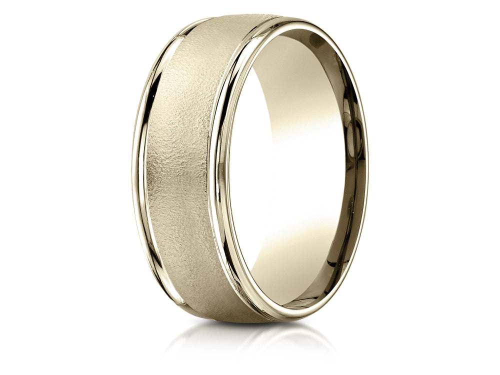 Benchmark 14k Gold 8mm Comfort-fit Wire Brush Finish High Polished Round Edge Carved Design Wedding Band Ring