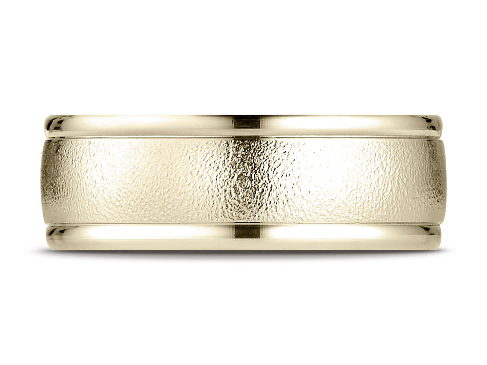 Benchmark 10k Gold 8mm Comfort-fit Wire Brush Finish High Polished Round Edge Carved Design Wedding Band Ring
