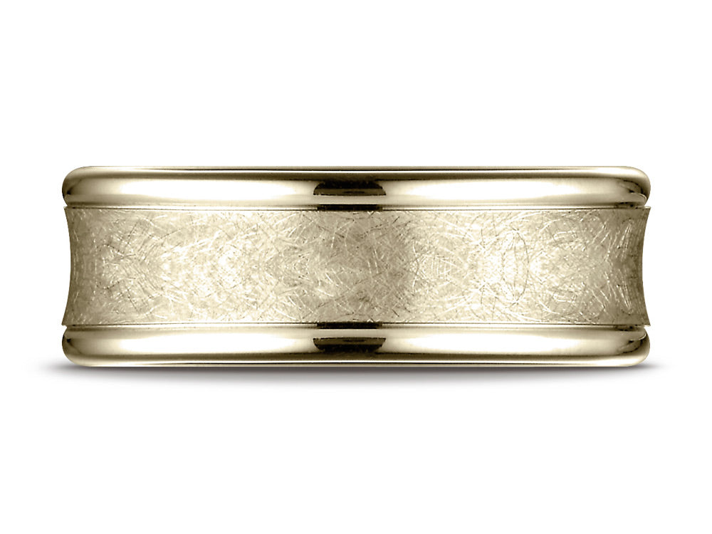 Benchmark 18k Gold 7.5 Mm Comfort Fit Swirled Finish Center Round Edge Design Wedding Band Ring