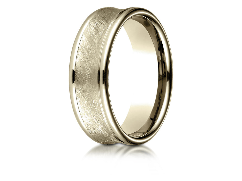 Benchmark 18k Gold 7.5 Mm Comfort Fit Swirled Finish Center Round Edge Design Wedding Band Ring