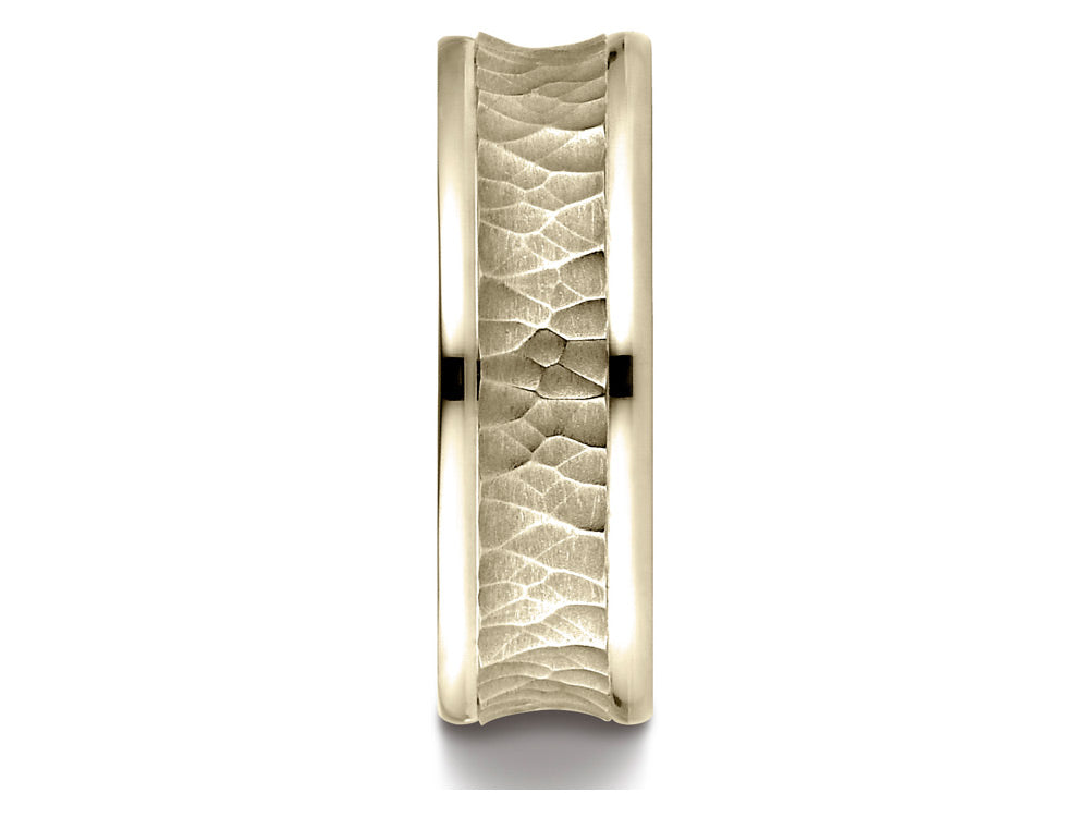 Benchmark 14k Gold 7.5mm Comfort Fit Hammered Finish Concave Center Design Wedding Band Ring