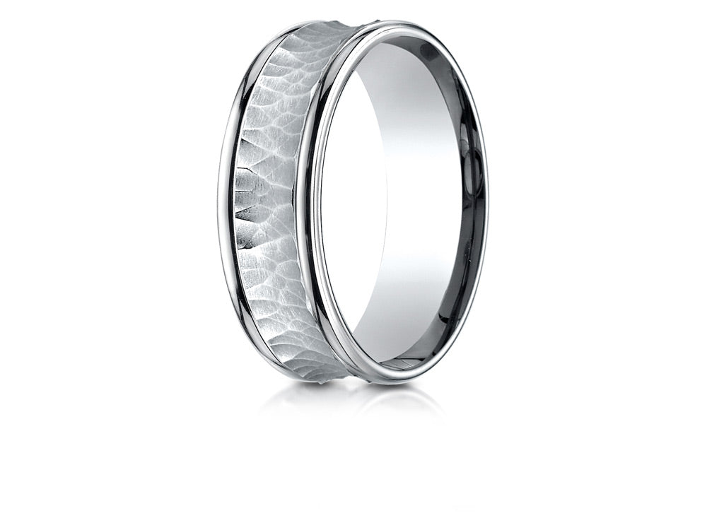 Benchmark 14k Gold 7.5mm Comfort Fit Hammered Finish Concave Center Design Wedding Band Ring