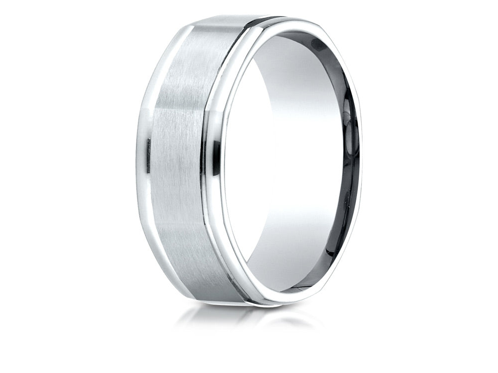 Benchmark 18k Gold Comfort Fit 8mm High Polish Round Edge Satin Finish Octagonal Center Design Wedding Band Ring