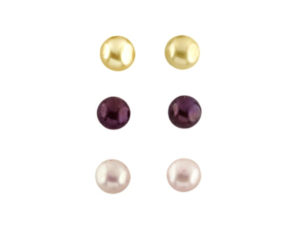 FJC Finejewelers 3 Pair 6mm Freshwater Burgundy, Rose, and Champagne Button Cultured Pearl Set Earrings