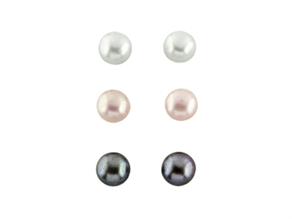 FJC Finejewelers 3 Pair 6mm Freshwater White, Rose, and Black Button Cultured Pearl Earrings