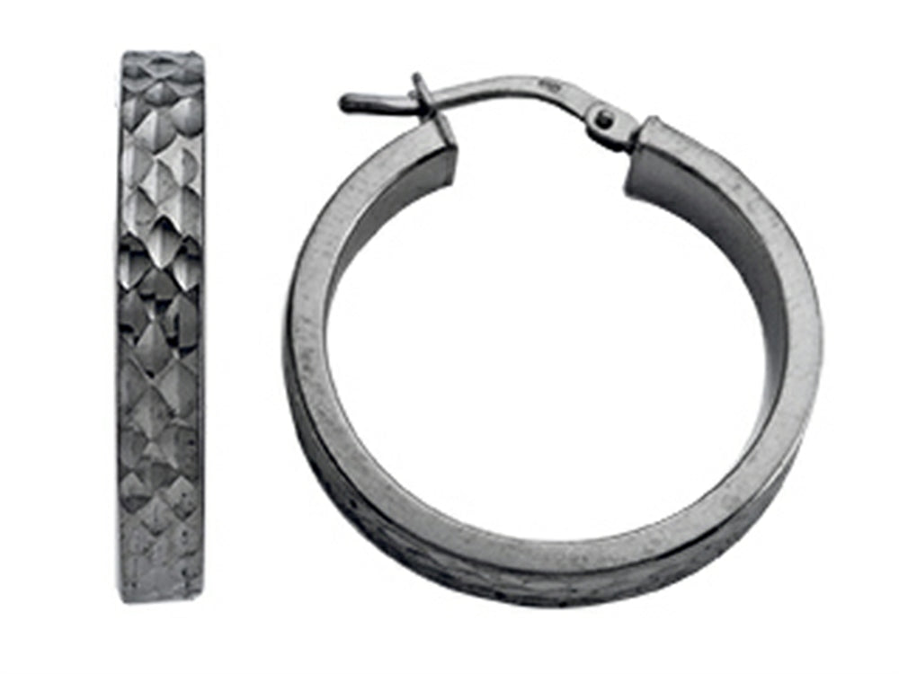 Stellar White Black Rhodium Bright Cut Hoop Earrings