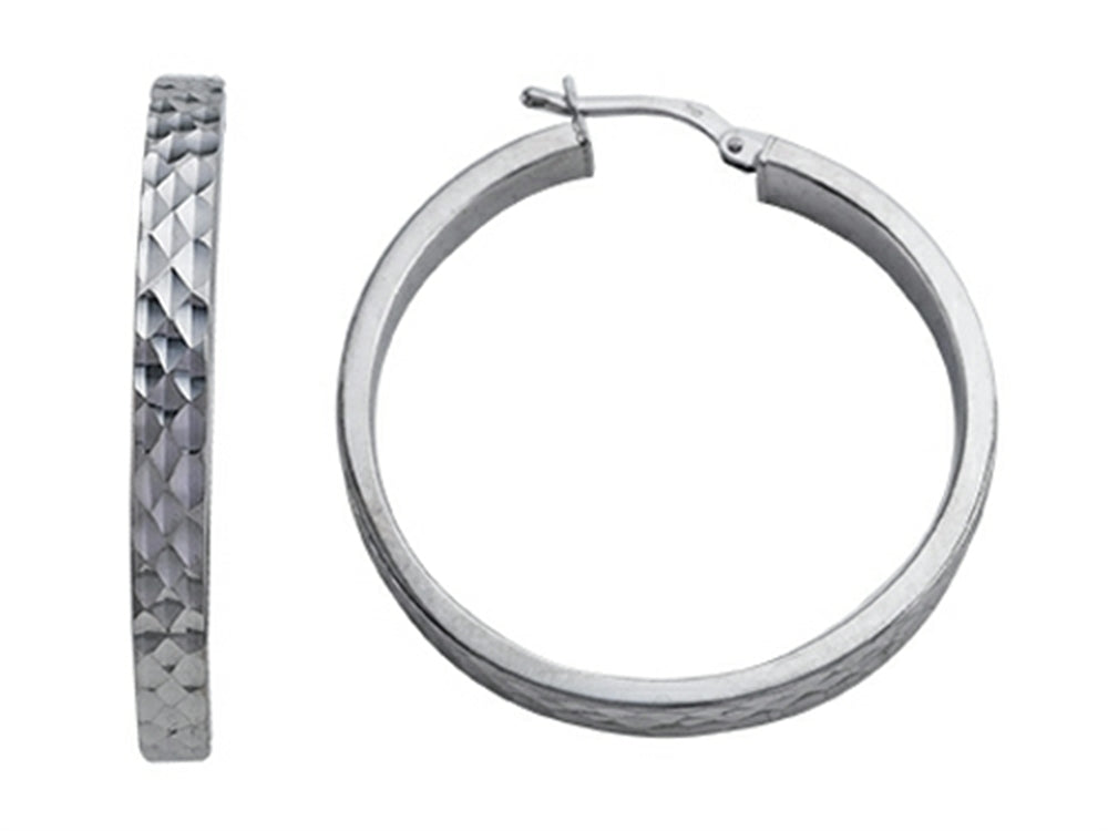 Stellar White Rhodium Round Large Bright Cut Hoop Earrings