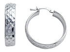 Stellar White Rhodium Medium Bright Cut Hoop Earrings