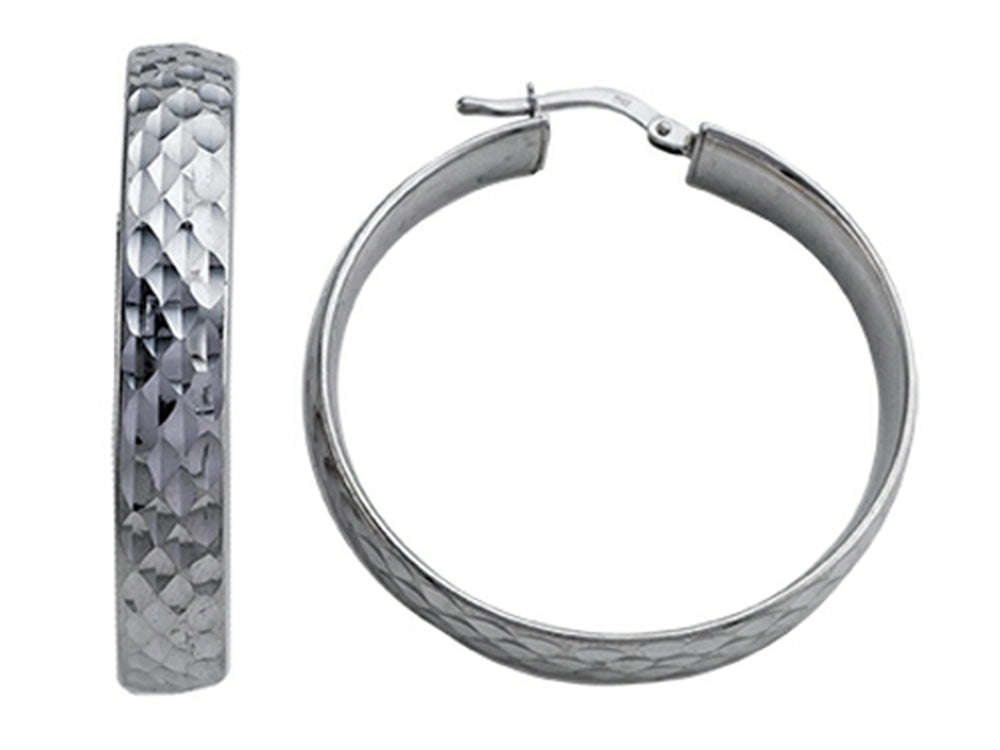 Stellar White™ Rhodium Plated Large Bright Cut Hoop Earrings