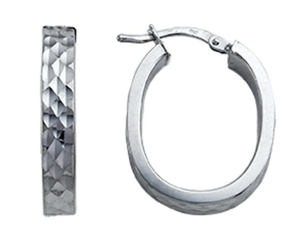 Stellar White Rhodium Bright Cut Oval Earrings