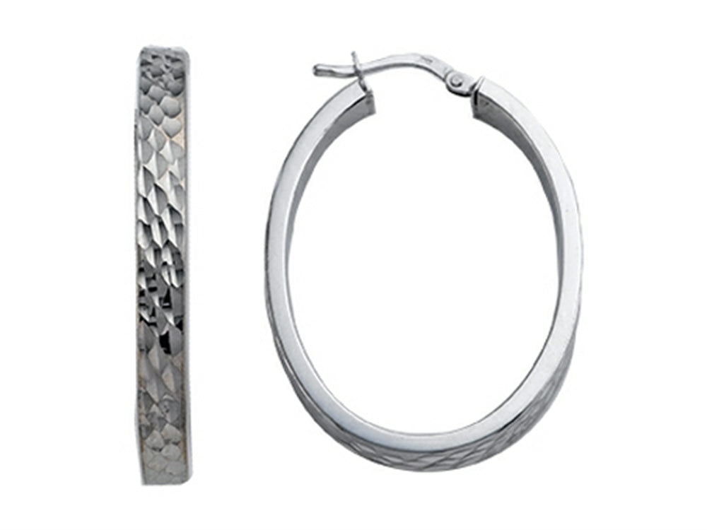 Stellar White Rhodium Plated Large Oval Bright Cut Earrings