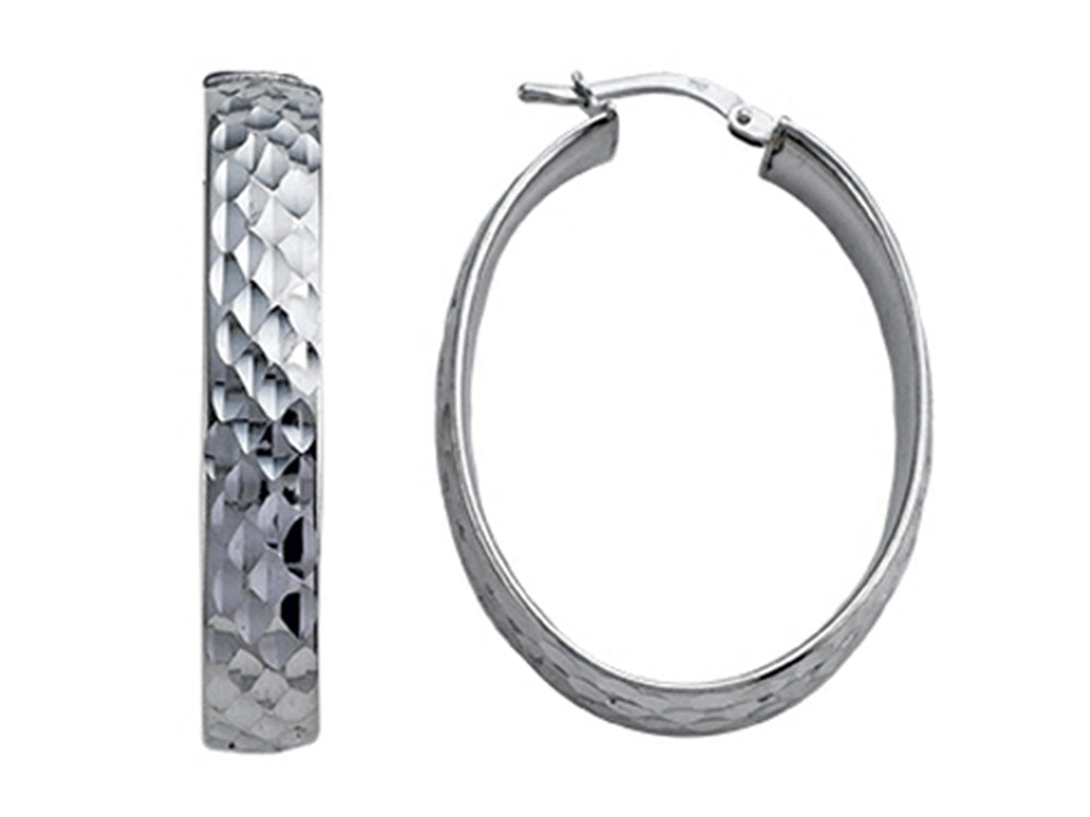 Stellar White Rhodium Large Oval Bright Cut Earrings