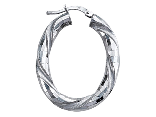 Stellar White Rhodium Oval Twist Hoop Earrings