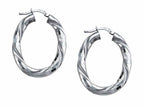 Stellar White Rhodium Oval Twist Hoop Earrings