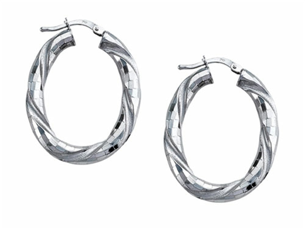 Stellar White Rhodium Oval Twist Hoop Earrings