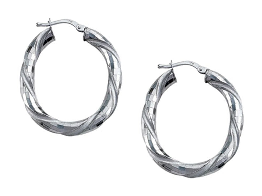 Stellar White Rhodium Large Oval Twist Hoops Earrings