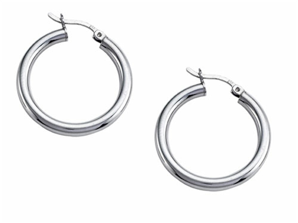 Stellar White Rhodium 3mm X 25mm Tubing Hoop Earrings