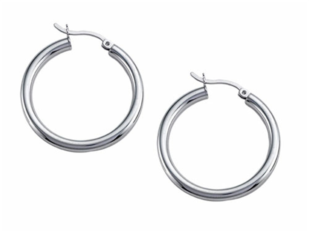 Stellar White Rhodium 3mm X 30mm Tubing Hoop Earrings