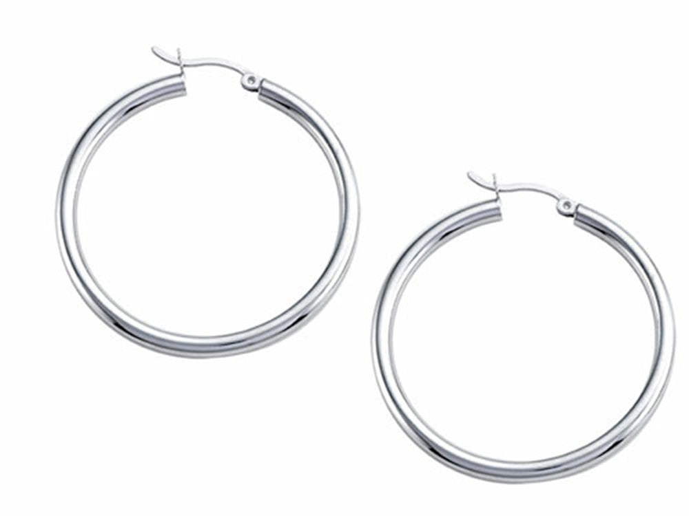 Stellar White Rhodium 3mm X 40mm Tubing Hoop Earrings
