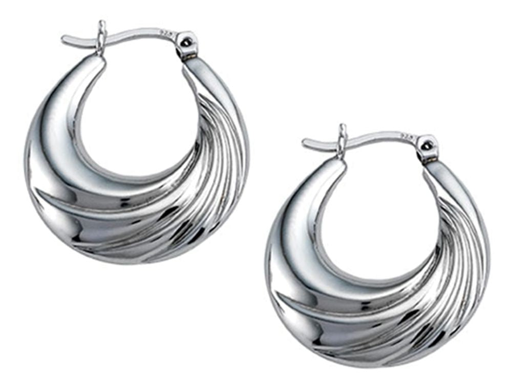 Stellar White Rhodium Medium Oval Polished Hoop Earrings