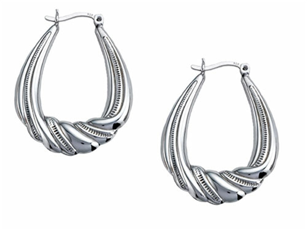 Stellar White™ Rhodium Large Oval Designed Hoop Earrings