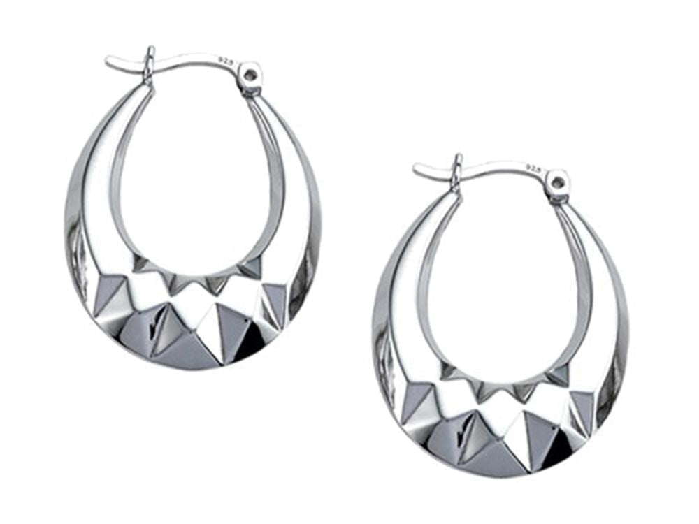 Stellar White Rhodium Medium Oval Polished Hoop Earrings