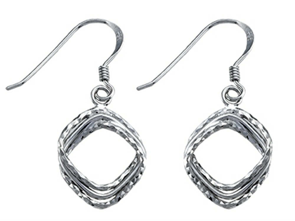 Stellar White Rhodium Shepherd Hook Bright Cut Square Earrings