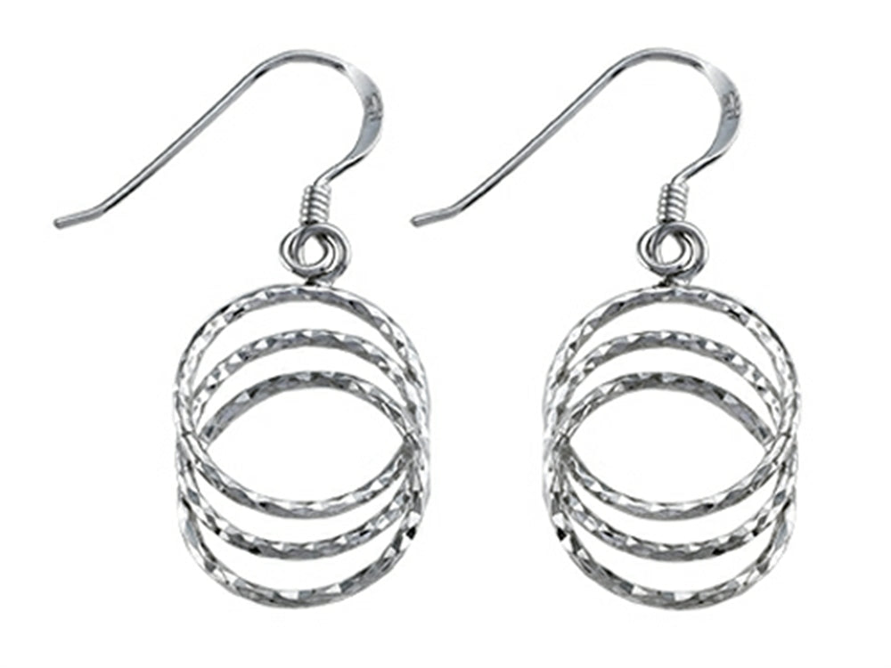 Stellar White Rhodium 3 Circle Bright Cut Shepherd Hook Earrings