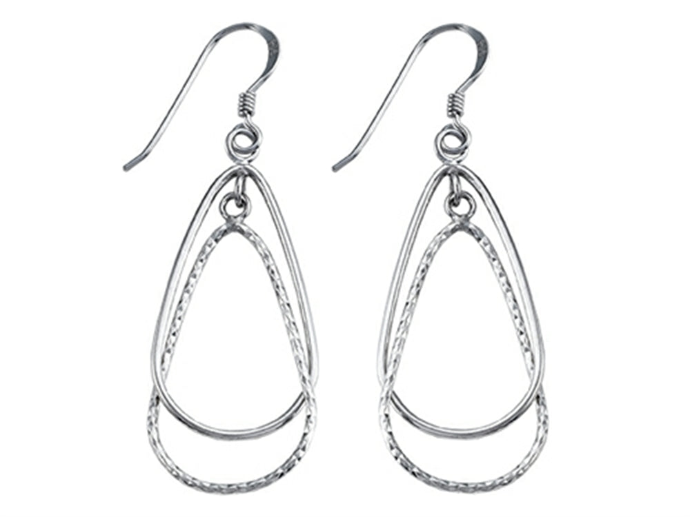 Stellar White Rhodium Pear Alt Bright Cut Shepherd Hook Earrings