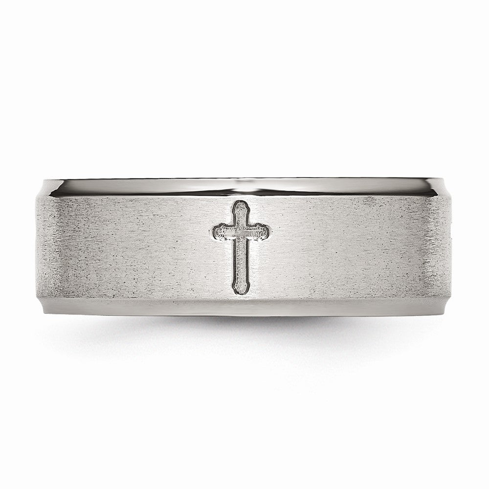 Chisel Stainless Steel Ridged Edge Cross 8mm Brushed And Polished Wedding Band