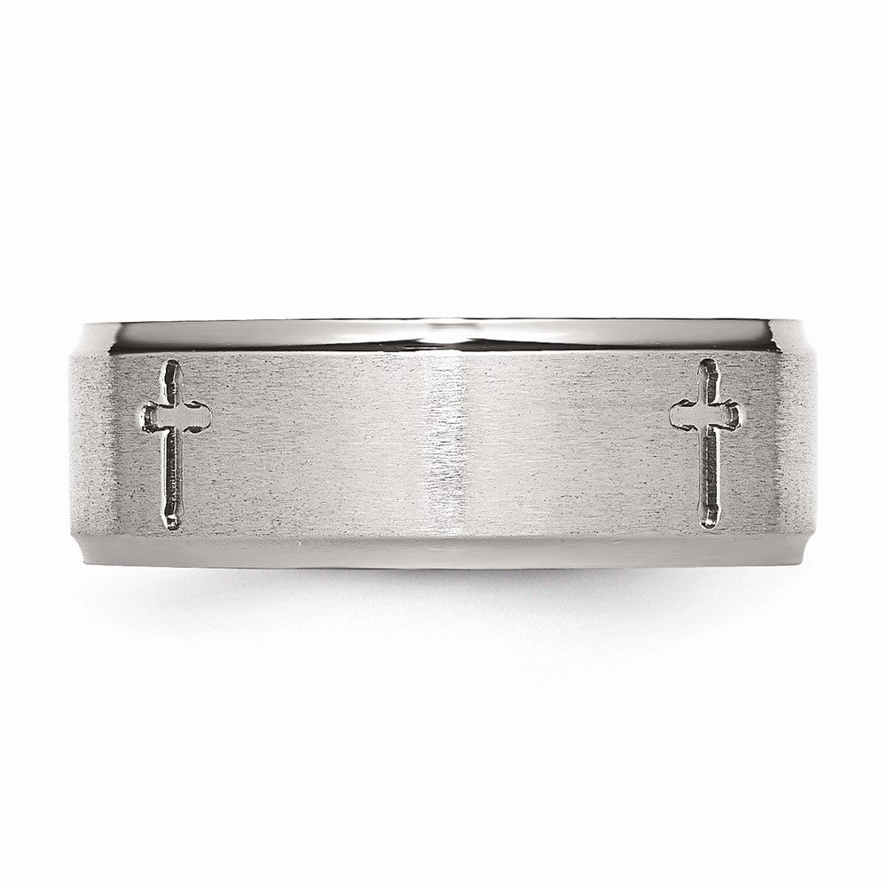 Chisel Stainless Steel Ridged Edge Cross 8mm Brushed And Polished Wedding Band