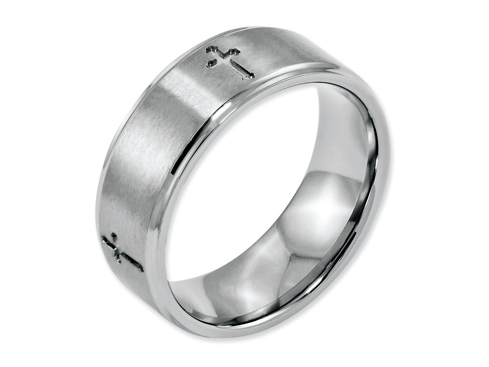 Chisel Stainless Steel Ridged Edge Cross 8mm Brushed And Polished Wedding Band