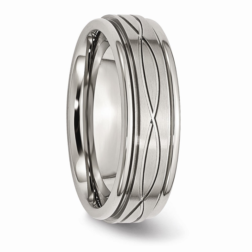 Chisel Stainless Steel Polished/brushed Criss-cross Design 7mm Ridged Edge Wedding Band