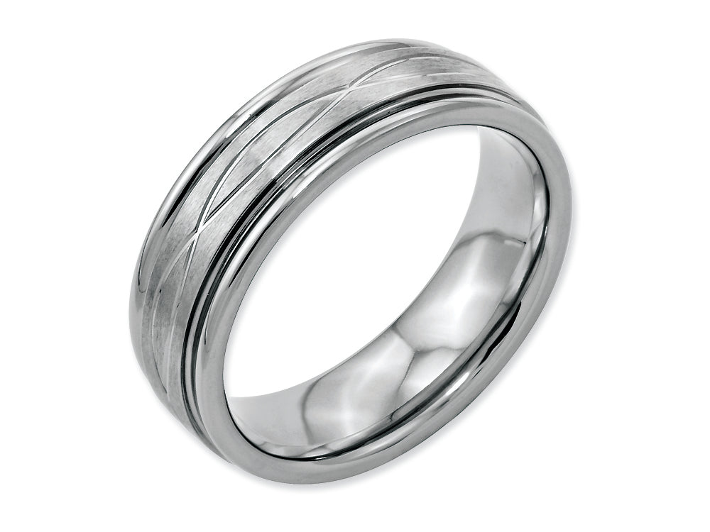 Chisel Stainless Steel Polished/brushed Criss-cross Design 7mm Ridged Edge Wedding Band