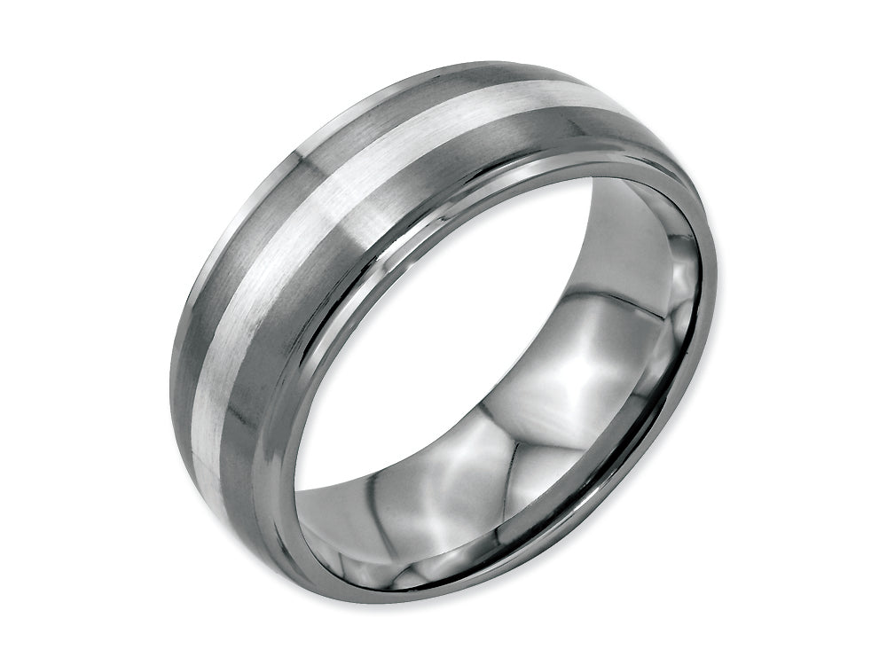 Chisel Stainless Steel Sterling Silver Inlay Ridged Edge Brushed And Polished Wedding Band