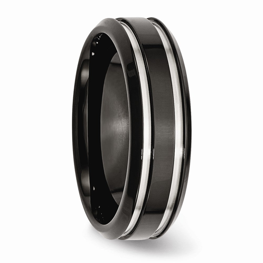 Chisel Stainless Steel Black Ip-plated Grooved And Polished 7mm Wedding Band