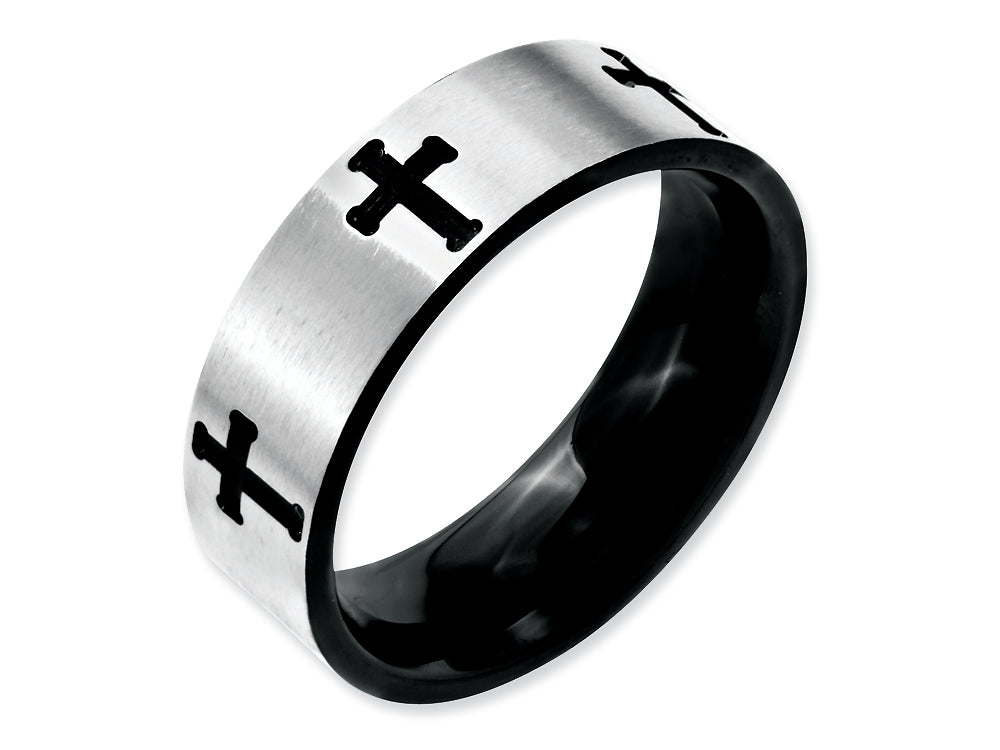 Chisel Stainless Steel 7mm Black Ip-plated Crosses Brushed/polished Wedding Band