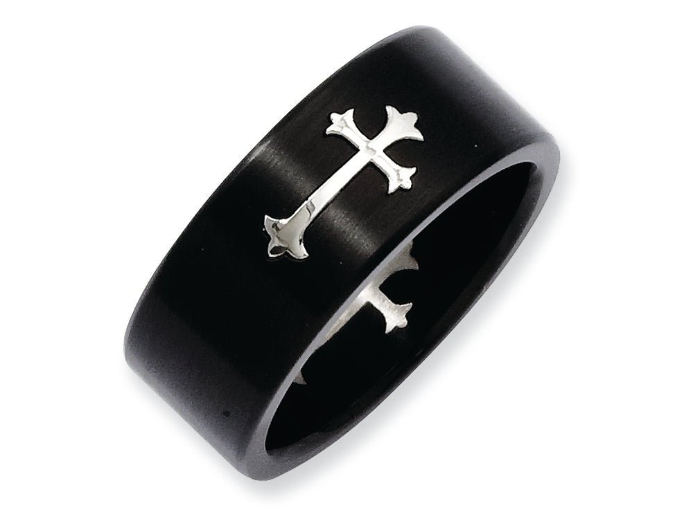 Chisel Stainless Steel Brushed Black Ip-plated With Cross 9mm Wedding Band