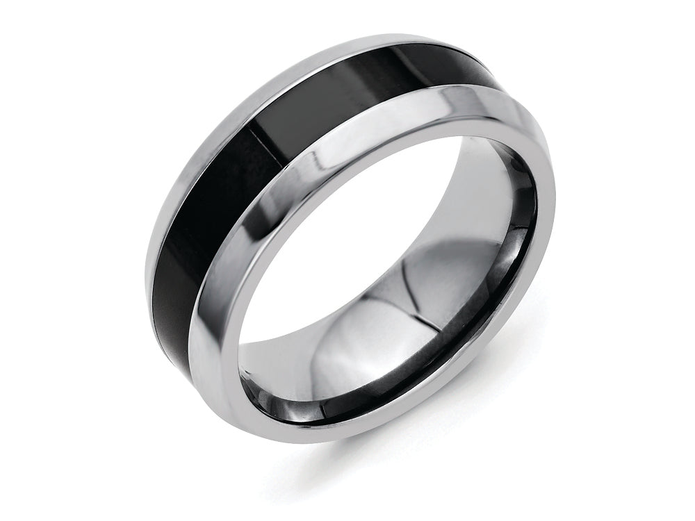 Chisel Stainless Steel Base W/polished Black Ceramic Center Beveled Wedding Band