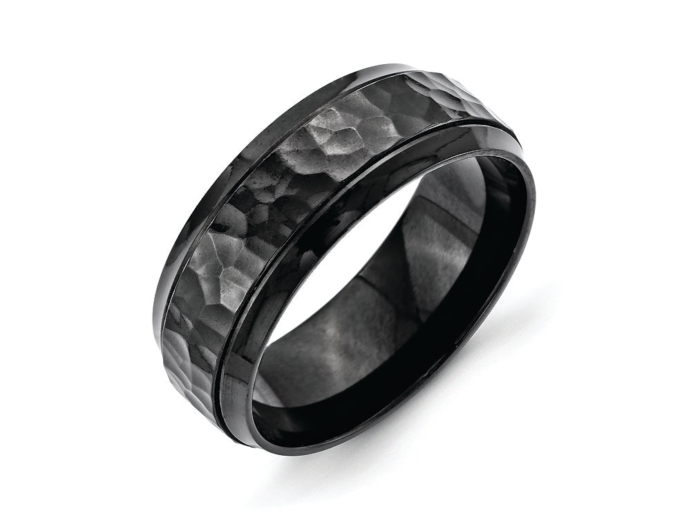 Chisel Stainless Steel 8mm Black Ip-plated Hammered/polished Beveled Edge Wedding Band