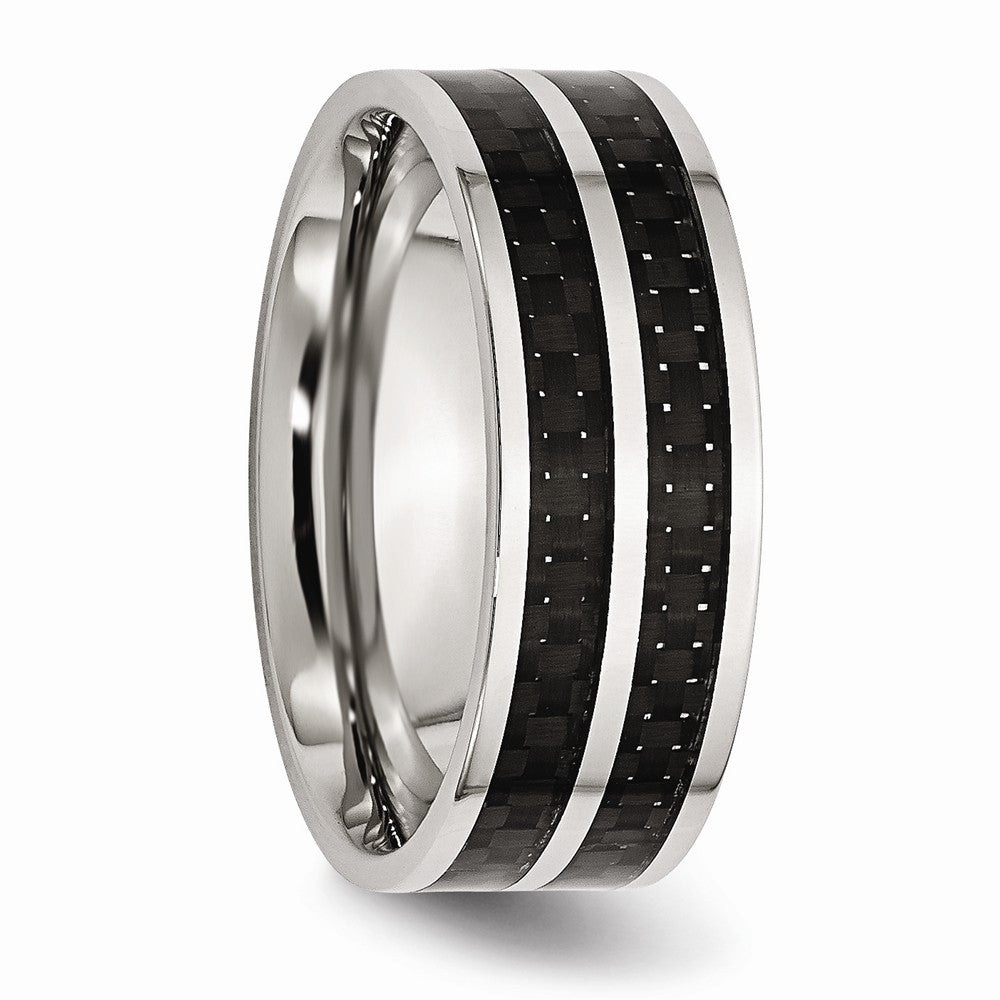 Chisel Stainless Steel 8mm Double Row Black Carbon Fiber Inlay Polished Wedding Band