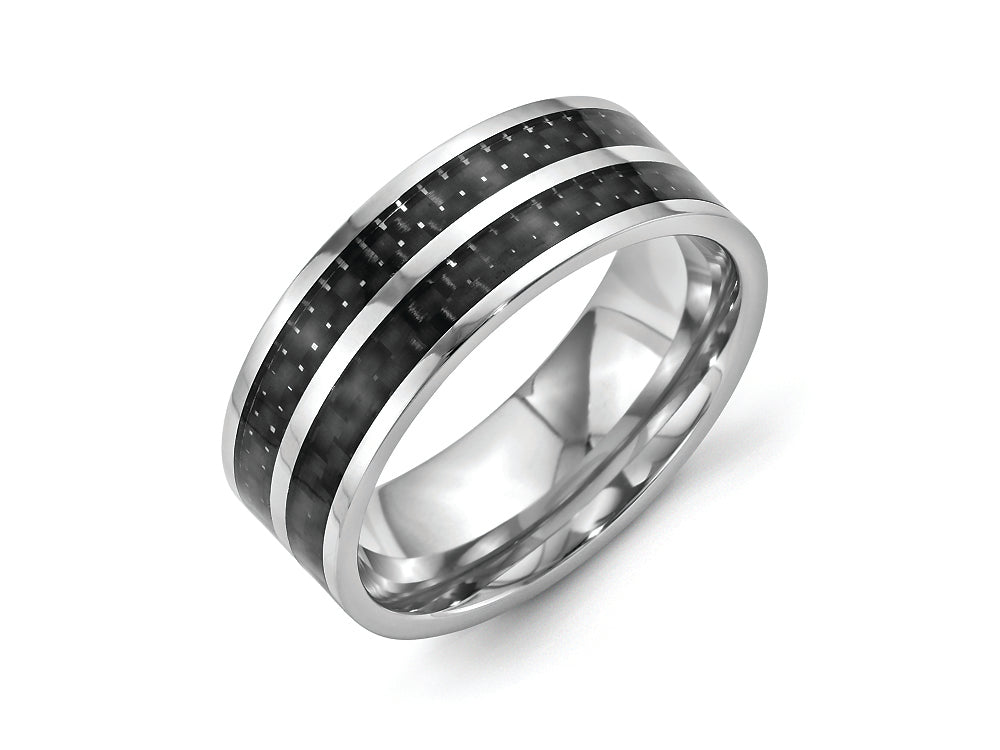 Chisel Stainless Steel 8mm Double Row Black Carbon Fiber Inlay Polished Wedding Band